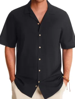 Sale OUKU Men's Linen Shirt Cotton Linen Shirt White Cotton Shirt Summer Shirt Beach Shirt Camp Collar Shirt Plain Vacation Hawaiian Black White Green Dark Blue Short Sleeve Lapel Spring & Summer Clothing