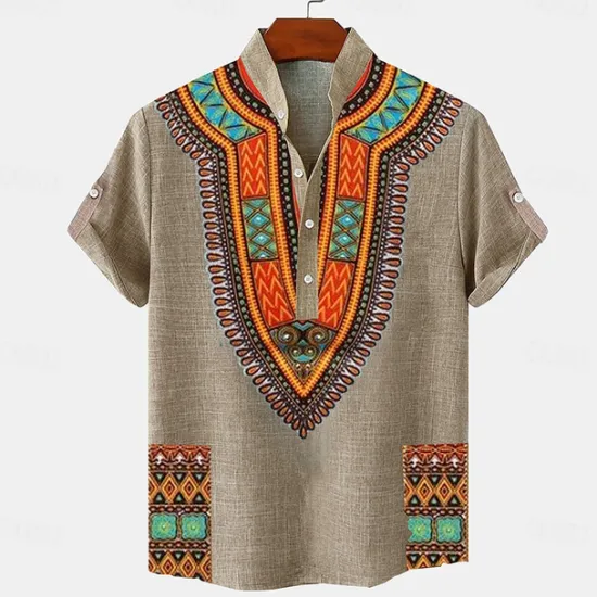 Hot OUKU Men's Linen Shirt Henley Shirt Retro Shirts Vintage Shirt Ethnic Shirt Ethnic Vacation Daily Blue Green Khaki Short Sleeve Mandarin Collar Summer Spring Clothing Apparel Print