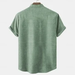 Hot OUKU Men's Linen Shirt Henley Shirt Retro Shirts Vintage Shirt Ethnic Shirt Ethnic Vacation Daily Blue Green Khaki Short Sleeve Mandarin Collar Summer Spring Clothing Apparel Print
