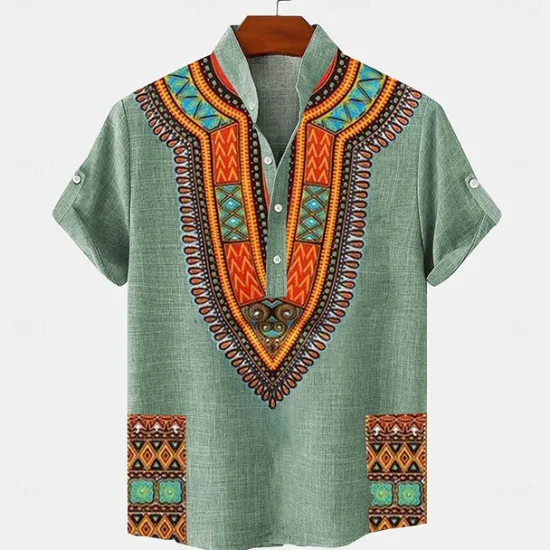 Hot OUKU Men's Linen Shirt Henley Shirt Retro Shirts Vintage Shirt Ethnic Shirt Ethnic Vacation Daily Blue Green Khaki Short Sleeve Mandarin Collar Summer Spring Clothing Apparel Print