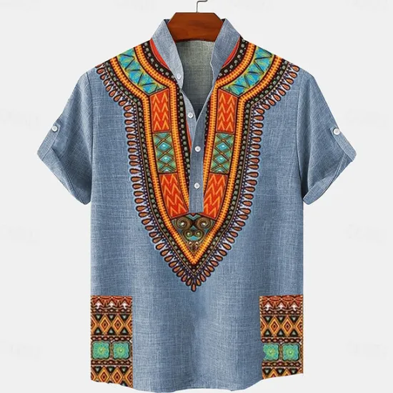 Hot OUKU Men's Linen Shirt Henley Shirt Retro Shirts Vintage Shirt Ethnic Shirt Ethnic Vacation Daily Blue Green Khaki Short Sleeve Mandarin Collar Summer Spring Clothing Apparel Print