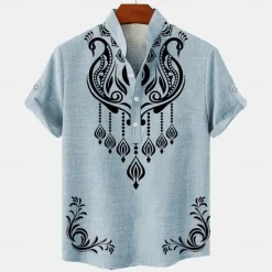 OUKU Men's Linen Shirt Henley Shirt Retro Shirts Vintage Shirt Ethnic Shirt Ethnic Daily Holiday Blue Beige Gray Short Sleeve Mandarin Collar Summer Spring Clothing Apparel Print