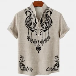 OUKU Men's Linen Shirt Henley Shirt Retro Shirts Vintage Shirt Ethnic Shirt Ethnic Daily Holiday Blue Beige Gray Short Sleeve Mandarin Collar Summer Spring Clothing Apparel Print