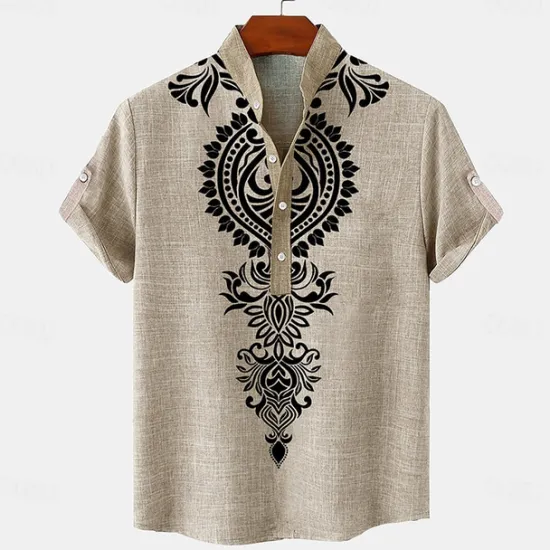 New OUKU Men's Linen Shirt Henley Shirt Retro Shirts Vintage Shirt Ethnic Shirt Ethnic Vacation Daily Green Khaki Beige Short Sleeve Mandarin Collar Summer Spring Clothing Apparel Print