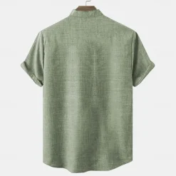 New OUKU Men's Linen Shirt Henley Shirt Retro Shirts Vintage Shirt Ethnic Shirt Ethnic Vacation Daily Green Khaki Beige Short Sleeve Mandarin Collar Summer Spring Clothing Apparel Print