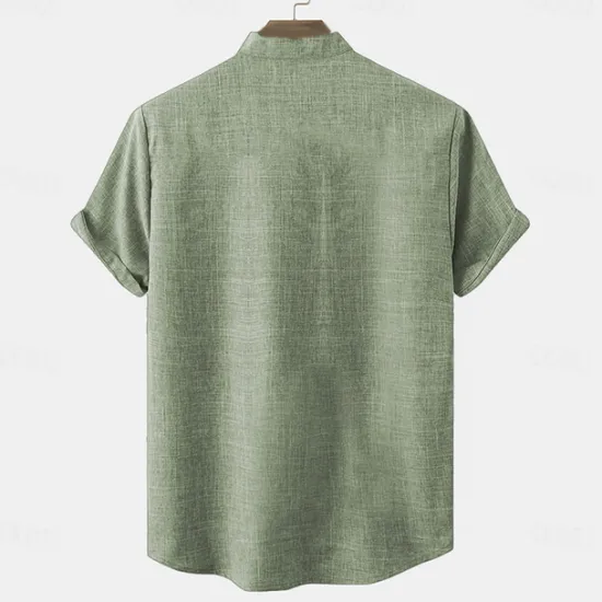 New OUKU Men's Linen Shirt Henley Shirt Retro Shirts Vintage Shirt Ethnic Shirt Ethnic Vacation Daily Green Khaki Beige Short Sleeve Mandarin Collar Summer Spring Clothing Apparel Print