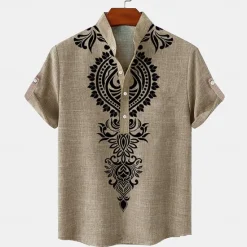 New OUKU Men's Linen Shirt Henley Shirt Retro Shirts Vintage Shirt Ethnic Shirt Ethnic Vacation Daily Green Khaki Beige Short Sleeve Mandarin Collar Summer Spring Clothing Apparel Print