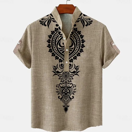 New OUKU Men's Linen Shirt Henley Shirt Retro Shirts Vintage Shirt Ethnic Shirt Ethnic Vacation Daily Green Khaki Beige Short Sleeve Mandarin Collar Summer Spring Clothing Apparel Print