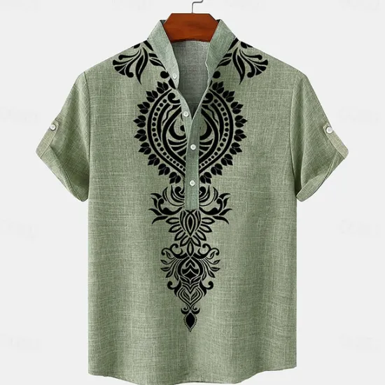 New OUKU Men's Linen Shirt Henley Shirt Retro Shirts Vintage Shirt Ethnic Shirt Ethnic Vacation Daily Green Khaki Beige Short Sleeve Mandarin Collar Summer Spring Clothing Apparel Print
