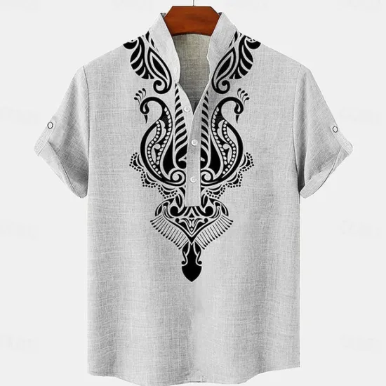 Online OUKU Men's Linen Shirt Henley Shirt Retro Shirts Vintage Shirt Ethnic Shirt Ethnic Daily Holiday Blue Beige Gray Short Sleeve Mandarin Collar Summer Spring Clothing Apparel Print