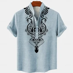 Online OUKU Men's Linen Shirt Henley Shirt Retro Shirts Vintage Shirt Ethnic Shirt Ethnic Daily Holiday Blue Beige Gray Short Sleeve Mandarin Collar Summer Spring Clothing Apparel Print
