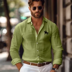 OUKU Men's Linen Shirt Horse Outdoor Vacation White Pink Green Gray Long Sleeve Lapel Spring Fall Clothing Apparel Button Up