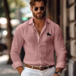 OUKU Men's Linen Shirt Horse Outdoor Vacation White Pink Green Gray Long Sleeve Lapel Spring Fall Clothing Apparel Button Up