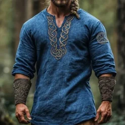 Hot OUKU Men's Linen Shirt Popover Shirt Summer Shirt Henley Shirt Vintage Shirt Short Sleeve Shirt Boho Vacation Street Half Sleeve V Neck Summer Spring Clothing Apparel Ethnic Dark Blue