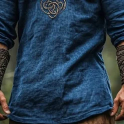 Hot OUKU Men's Linen Shirt Popover Shirt Summer Shirt Henley Shirt Vintage Shirt Short Sleeve Shirt Boho Vacation Street Half Sleeve V Neck Summer Spring Clothing Apparel Ethnic Dark Blue