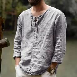 Sale OUKU Men's Linen Shirt Renaissance Festival Viking Style Summer Shirt Beach Wear Maroon Black White Pink Long Sleeve Solid Color Collarless Outdoor Street Clothing Apparel