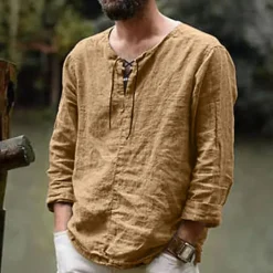 Sale OUKU Men's Linen Shirt Renaissance Festival Viking Style Summer Shirt Beach Wear Maroon Black White Pink Long Sleeve Solid Color Collarless Outdoor Street Clothing Apparel