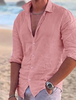 Clearance OUKU Men's Linen Shirt Solid Color Turndown Street Casual Button-Down Long Sleeve Tops Casual Fashion Breathable Comfortable Pink
