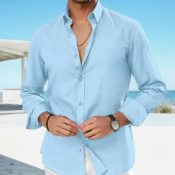 Best OUKU Men's Linen Shirt Summer Shirt Beach Wear Casual Shirt Button Up Shirt Plain Vacation Curise Black White Pink Royal Blue Long Sleeve Lapel Spring & Summer Clothing Apparel