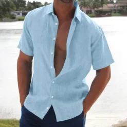 Best OUKU Men's Linen Shirt Summer Shirt Beach Wear Button Up Shirt Solid Color Vacation Curise Black White Pink Blue Short Sleeve Turndown Summer Clothing Apparel Button-Down