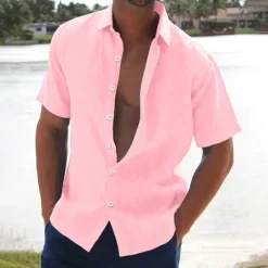 Best OUKU Men's Linen Shirt Summer Shirt Beach Wear Button Up Shirt Solid Color Vacation Curise Black White Pink Blue Short Sleeve Turndown Summer Clothing Apparel Button-Down