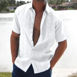 Best OUKU Men's Linen Shirt Summer Shirt Beach Wear Button Up Shirt Solid Color Vacation Curise Black White Pink Blue Short Sleeve Turndown Summer Clothing Apparel Button-Down