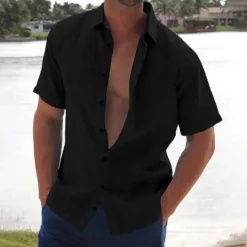 Best OUKU Men's Linen Shirt Summer Shirt Beach Wear Button Up Shirt Solid Color Vacation Curise Black White Pink Blue Short Sleeve Turndown Summer Clothing Apparel Button-Down