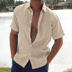 Best OUKU Men's Linen Shirt Summer Shirt Beach Wear Button Up Shirt Solid Color Vacation Curise Black White Pink Blue Short Sleeve Turndown Summer Clothing Apparel Button-Down