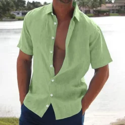 Best OUKU Men's Linen Shirt Summer Shirt Beach Wear Button Up Shirt Solid Color Vacation Curise Black White Pink Blue Short Sleeve Turndown Summer Clothing Apparel Button-Down