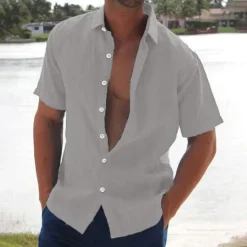 Best OUKU Men's Linen Shirt Summer Shirt Beach Wear Button Up Shirt Solid Color Vacation Curise Black White Pink Blue Short Sleeve Turndown Summer Clothing Apparel Button-Down