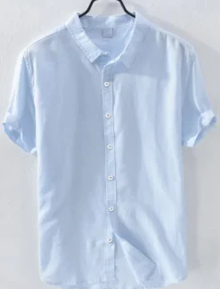 New OUKU Men's Linen Shirt Summer Shirt Beach Wear Button Up Shirt Plain Casual Daily White Blue Short Sleeve Lapel Summer Clothing Apparel Button-Down