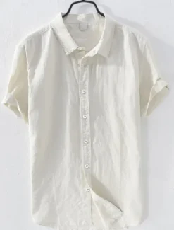 New OUKU Men's Linen Shirt Summer Shirt Beach Wear Button Up Shirt Plain Casual Daily White Blue Short Sleeve Lapel Summer Clothing Apparel Button-Down