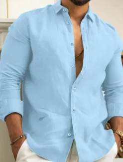 New OUKU Men's Linen Shirt Summer Shirt Beach Wear Casual Shirt Button Up Shirt Plain Casual Daily Black White Pink Navy Blue Long Sleeve Lapel Spring & Summer Clothing Apparel