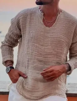 New OUKU Men's Linen Shirt Summer Shirt Beach Wear Casual Shirt Solid Color Outdoor Street Wine Light Grey Gray Long Sleeve V Neck Spring & Fall Clothing Apparel