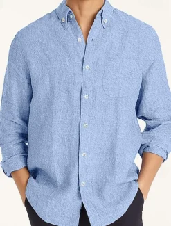 Best OUKU Men's Linen Shirt Summer Shirt Casual Shirt Plain Vacation Casual White Pink Sky Blue Brown Long Sleeve Tab Collar Spring & Summer Clothing Apparel