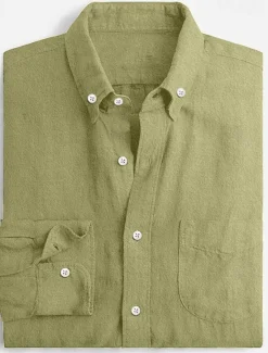 Best OUKU Men's Linen Shirt Summer Shirt Casual Shirt Plain Vacation Casual White Pink Sky Blue Brown Long Sleeve Tab Collar Spring & Summer Clothing Apparel