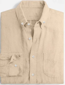 Best OUKU Men's Linen Shirt Summer Shirt Casual Shirt Plain Vacation Casual White Pink Sky Blue Brown Long Sleeve Tab Collar Spring & Summer Clothing Apparel