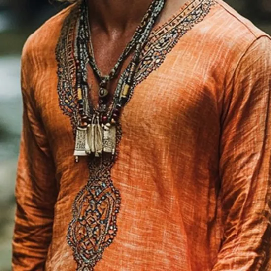 Discount OUKU Men's Linen Shirt Summer Shirt Vintage Shirt Ethnic Shirt Long Sleeve Shirt Boho Vacation Street Long Sleeve V Neck Summer Spring Clothing Apparel Ethnic Orange