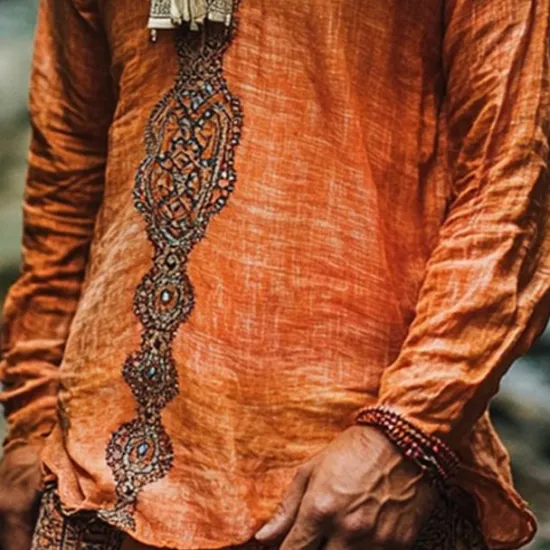 Discount OUKU Men's Linen Shirt Summer Shirt Vintage Shirt Ethnic Shirt Long Sleeve Shirt Boho Vacation Street Long Sleeve V Neck Summer Spring Clothing Apparel Ethnic Orange