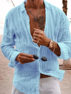 OUKU Men's Linen Shirt Summer Shirt Casual Shirt Beach Shirt Plain Hawaiian Holiday Black White Pink Navy Blue Long Sleeve Lapel Spring & Summer Clothing Apparel Basic