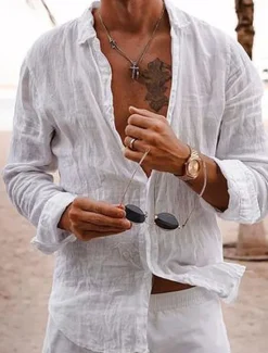 OUKU Men's Linen Shirt Summer Shirt Casual Shirt Beach Shirt Plain Hawaiian Holiday Black White Pink Navy Blue Long Sleeve Lapel Spring & Summer Clothing Apparel Basic