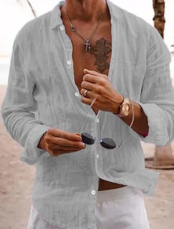 OUKU Men's Linen Shirt Summer Shirt Casual Shirt Beach Shirt Plain Hawaiian Holiday Black White Pink Navy Blue Long Sleeve Lapel Spring & Summer Clothing Apparel Basic