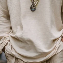 Hot OUKU Men's Linen Shirt Summer Shirt Vintage Shirt Ethnic Shirt Long Sleeve Shirt Patchwork Vacation Street Long Sleeve V Neck Summer Spring Clothing Apparel Ethnic khaki