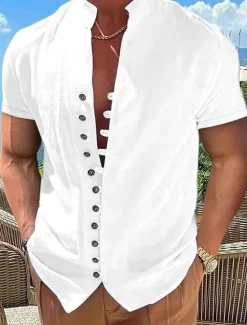 Hot OUKU Men's Linen Shirt Summer Shirt Beach Wear Button Up Shirt Plain Vacation Curise Black White Pink Blue Short Sleeve Stand Collar Spring & Summer Clothing Apparel Basic