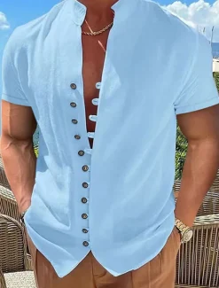 Hot OUKU Men's Linen Shirt Summer Shirt Beach Wear Button Up Shirt Plain Vacation Curise Black White Pink Blue Short Sleeve Stand Collar Spring & Summer Clothing Apparel Basic