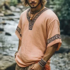 Best OUKU Men's Linen Shirt Summer Shirt Vintage Shirt Short Sleeve Shirt Ethnic Shirt Patchwork Vacation Street Short Sleeve V Neck Summer Clothing Apparel Ethnic Khaki
