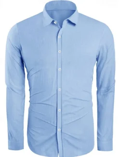 Hot OUKU Men's Linen Shirt Summer Shirt Beach Wear Button Up Shirt Plain Casual Daily White Sky Blue Beige Gray Long Sleeve Button Down Collar Spring & Fall Clothing Apparel Pocket