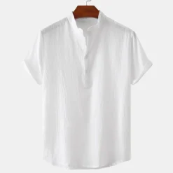 Outlet OUKU Men's Linen Shirt Summer Shirt Beach Shirt Black White Brown Short Sleeve Plain Standing Collar Summer Casual Holiday Clothing Apparel