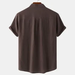 Outlet OUKU Men's Linen Shirt Summer Shirt Beach Shirt Black White Brown Short Sleeve Plain Standing Collar Summer Casual Holiday Clothing Apparel