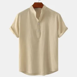Outlet OUKU Men's Linen Shirt Summer Shirt Beach Shirt Black White Brown Short Sleeve Plain Standing Collar Summer Casual Holiday Clothing Apparel
